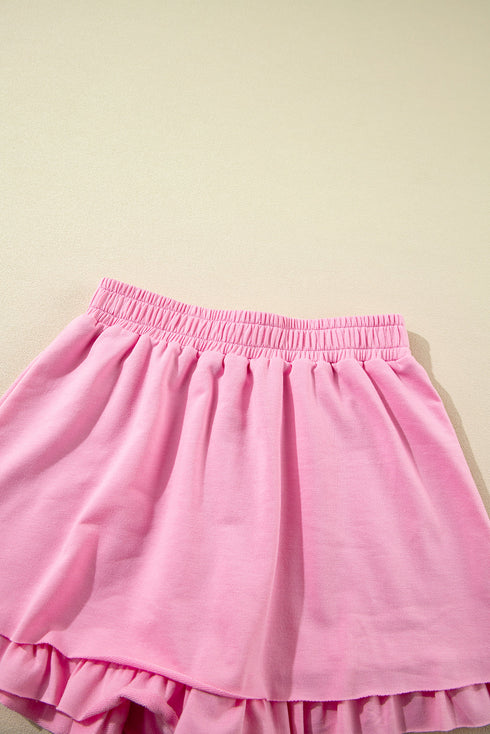 Half Zip Puff Sleeve Top and Ruffled Shorts Set